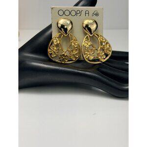 Vintage Ooops A Gold Tone Floral Drop Earrings Statement NWOT